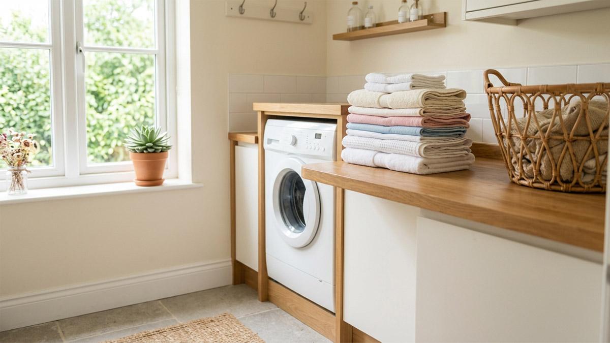 Home laundry room with washing machine and folded towels — running a laundry business from home in the UK