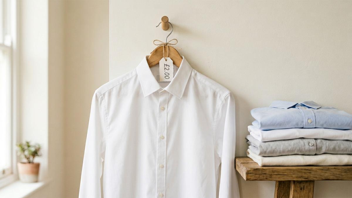 White dress shirt on a wooden hanger — ironing service pricing guide for UK operators