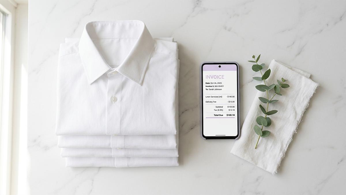 Freshly folded white laundry shirts arranged on a marble surface beside a smartphone displaying a digital invoice, illustrating professional laundry billing and customer invoicing.